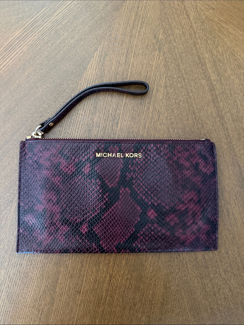 MK Burgundy Snake-Print Wristlet Clutch